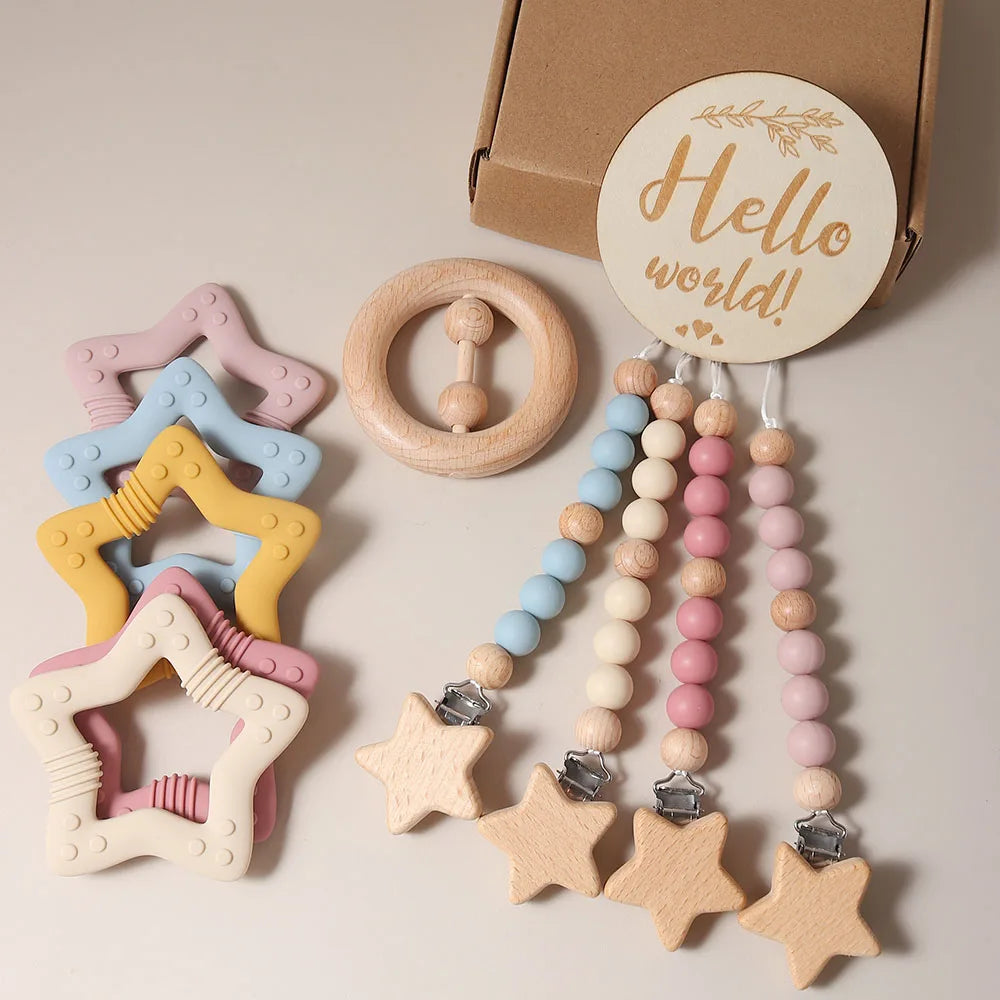 Organic Cotton Baby Gift Set – Teether, Rattle & Bath Brush