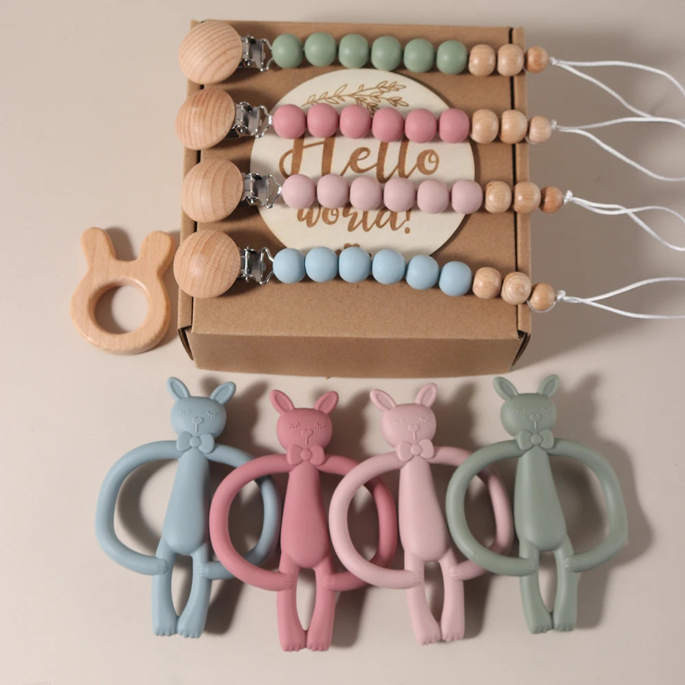 Silicone Bunny Teether & Dummy Clip Gift Set