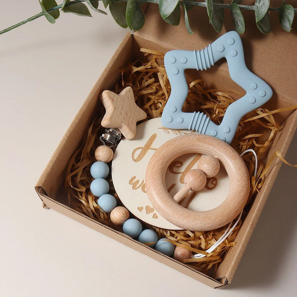 Organic Cotton Baby Gift Set – Teether, Rattle & Bath Brush
