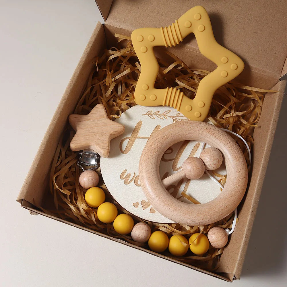 Organic Cotton Baby Gift Set – Teether, Rattle & Bath Brush