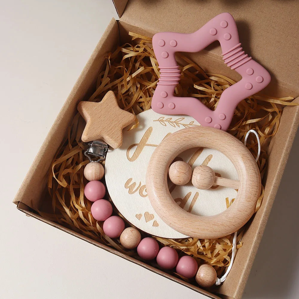 Organic Cotton Baby Gift Set – Teether, Rattle & Bath Brush