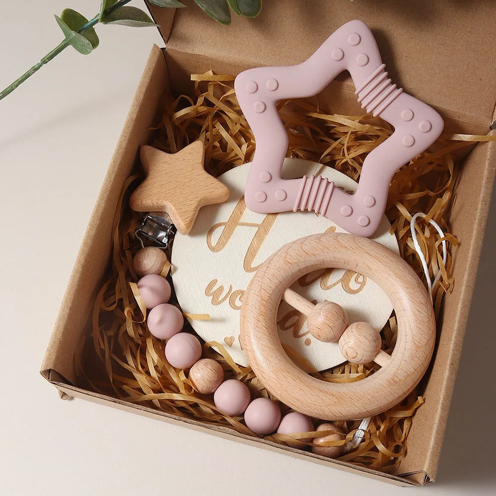 Organic Cotton Baby Gift Set – Teether, Rattle & Bath Brush