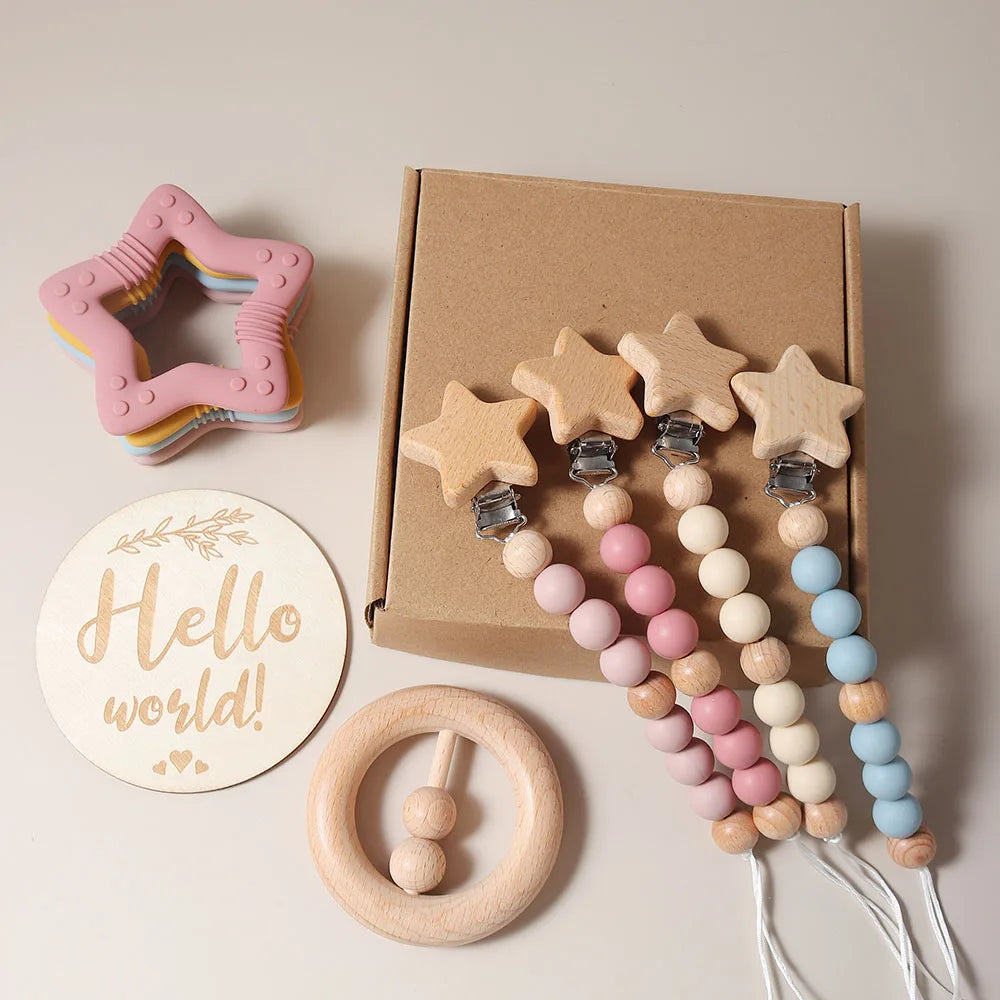 Organic Cotton Baby Gift Set – Teether, Rattle & Bath Brush