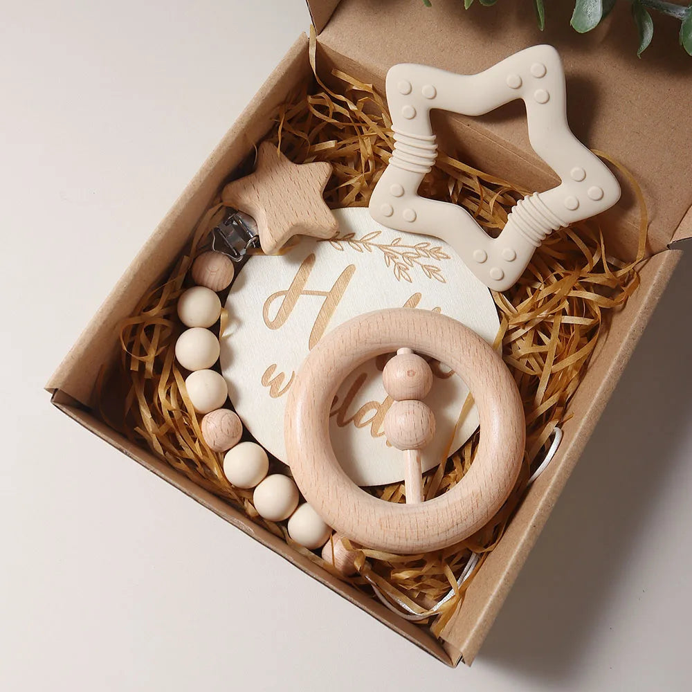 Organic Cotton Baby Gift Set – Teether, Rattle & Bath Brush